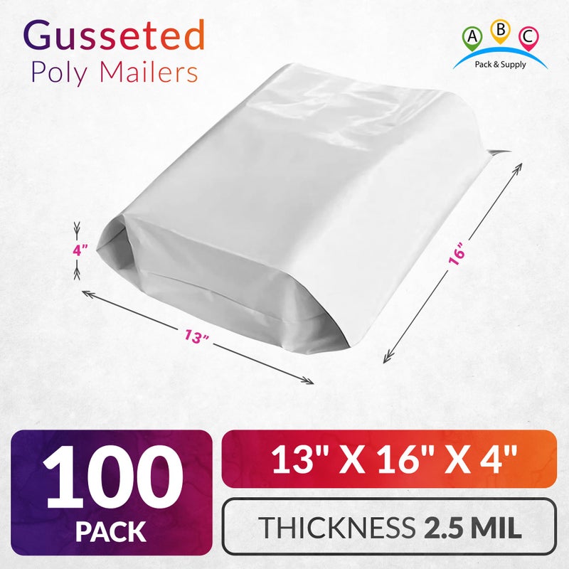ABC PACK & SUPPLY White Gusseted Poly Mailers, 13 x 16 x 4 Inch. Pack of 100 Expansion Poly Mailers Bags. Shipping Envelopes for Clothing, 2.5 Mil. Plastic Shipping Bags Self Seal. Mailing Packages - Image 2